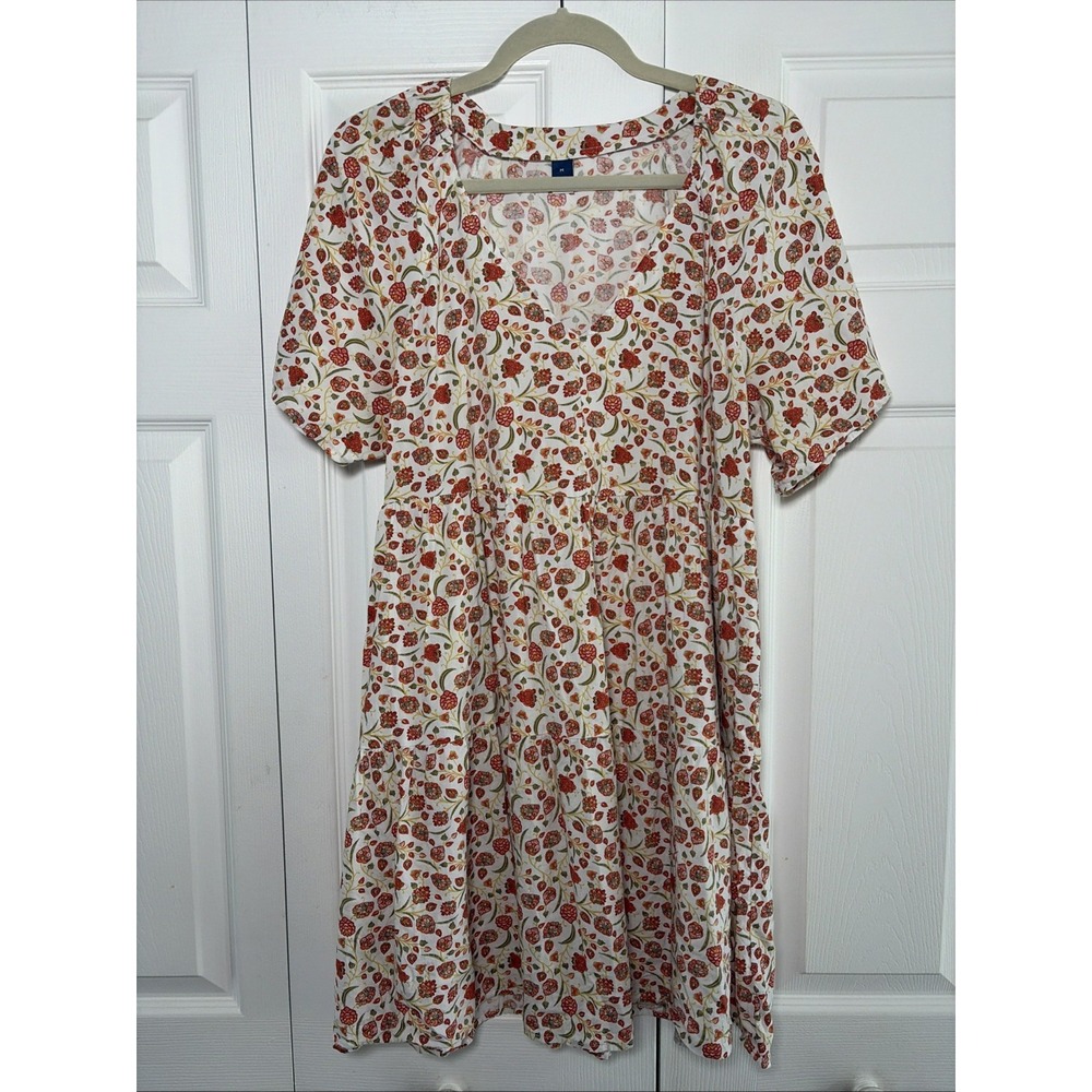 Old Navy Tiered Babydoll Dress Womens M White Floral V-Neck Mini Cotton Rayon M